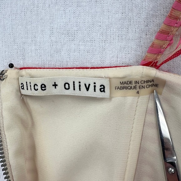 ALICE + OLIVIA Angelita Dress Women 4 Red Pink Sheer Stripe Ruffle Layered Party - Picture 13 of 16